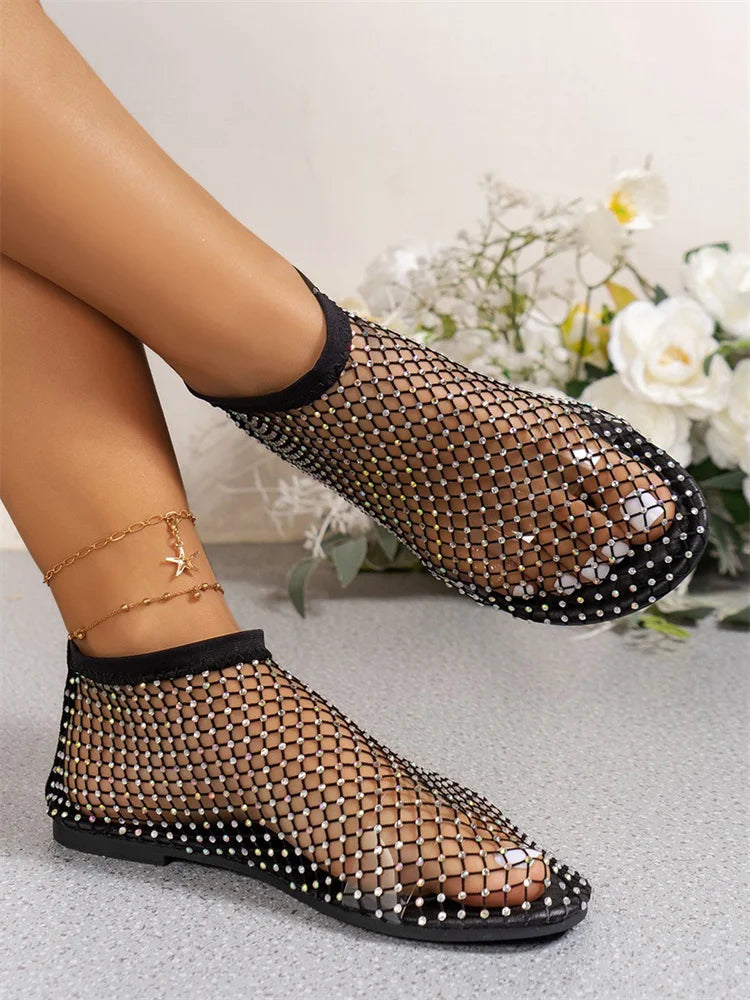 Stretchy Round Toe Sandals With Hollowed Out Internet Famous Diamond Studded Short Boots Summer Sexy Plus Size Flat Shoes
