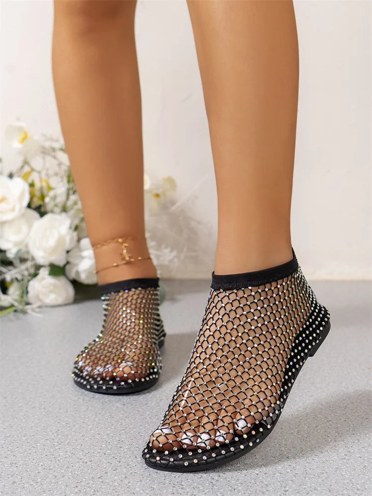 Stretchy Round Toe Sandals With Hollowed Out Internet Famous Diamond Studded Short Boots Summer Sexy Plus Size Flat Shoes