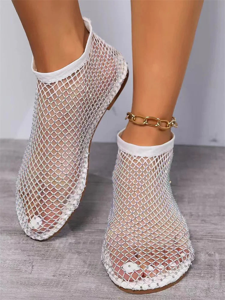 Stretchy Round Toe Sandals With Hollowed Out Internet Famous Diamond Studded Short Boots Summer Sexy Plus Size Flat Shoes