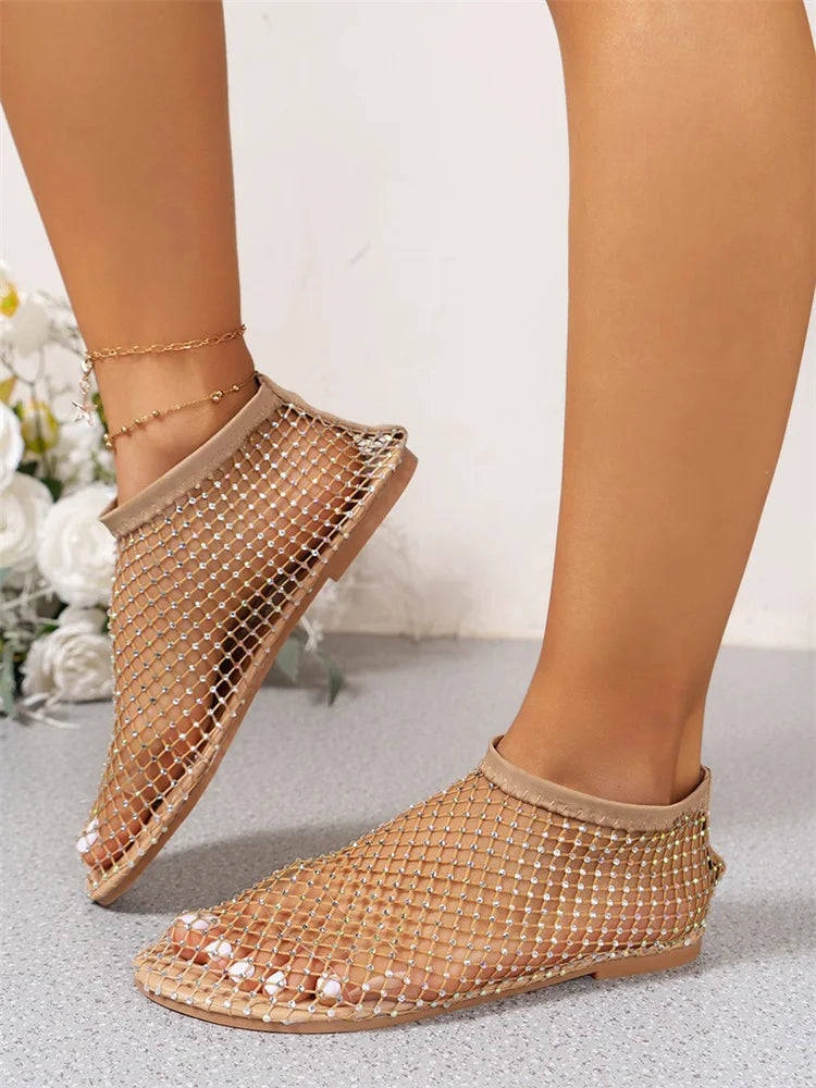 Stretchy Round Toe Sandals With Hollowed Out Internet Famous Diamond Studded Short Boots Summer Sexy Plus Size Flat Shoes
