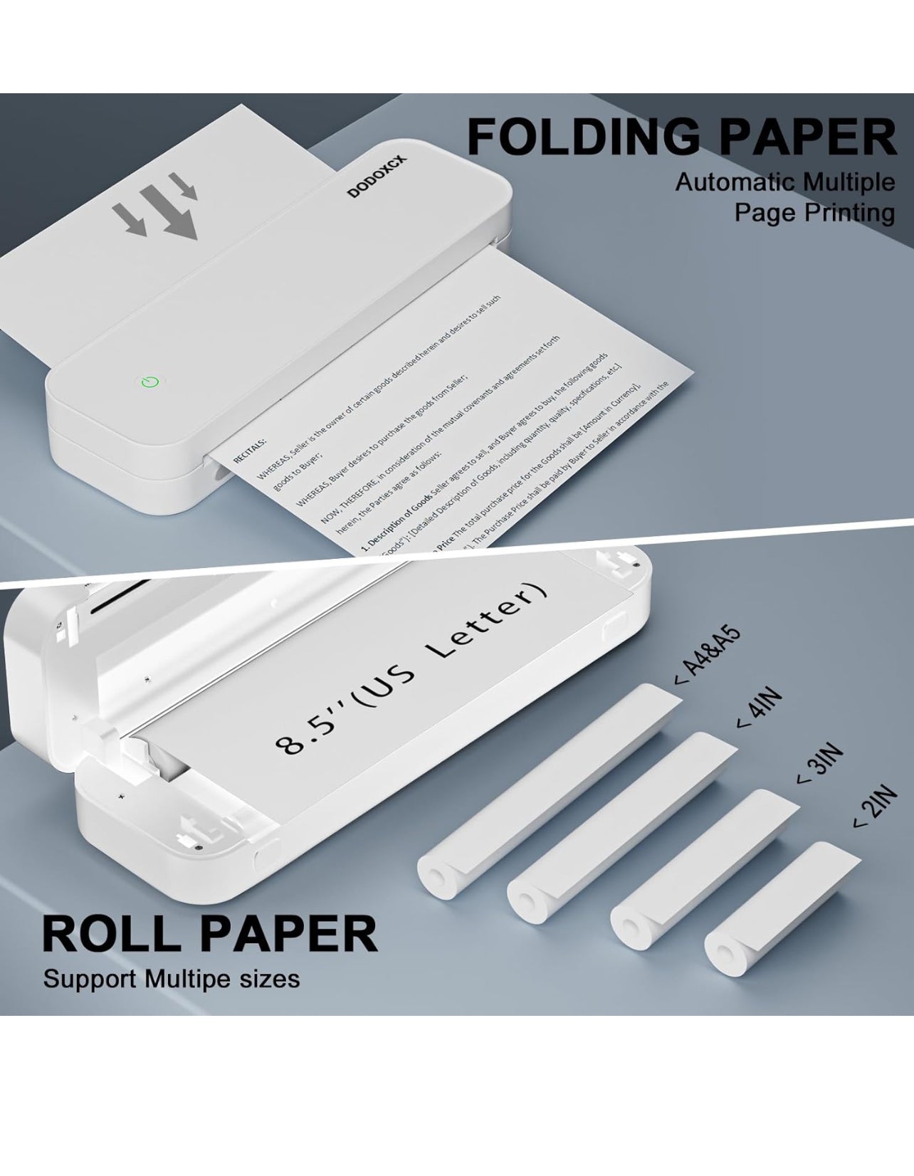 Portable Printers Wireless for Travel,Portable-Thermal-Wireless-Bluetooth-Inkless-Printer,Support 8.5" X 11" US Letter&Legal A4&A5 Thermal Paper,Compatible with Android,iOS Phone&Laptop for Car Home