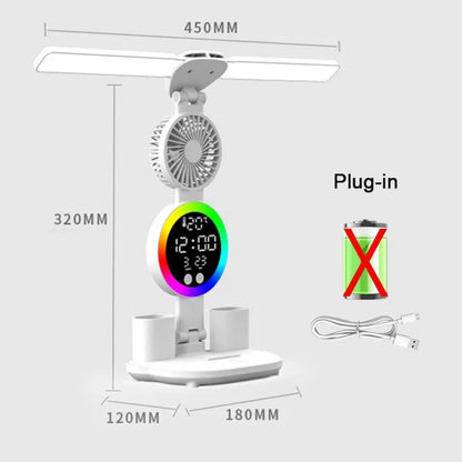 Rechargeable LED Table Lamp with Fan, Clock Display, and Adjustable Reading Light for Study and Night Use