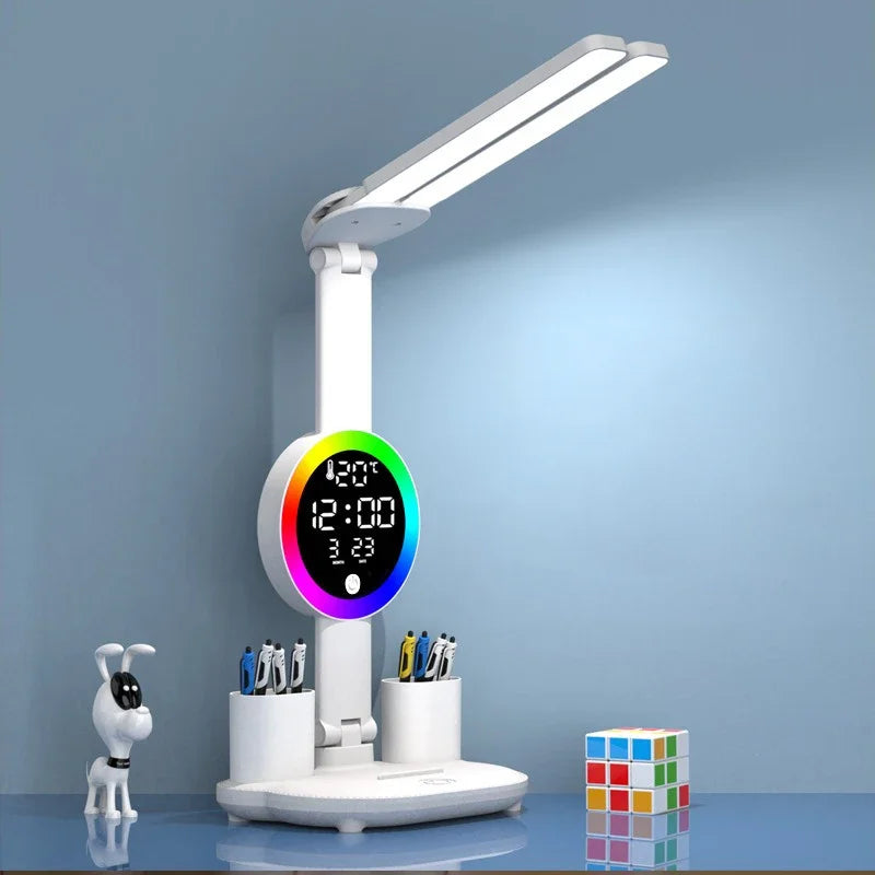Rechargeable LED Table Lamp with Fan, Clock Display, and Adjustable Reading Light for Study and Night Use