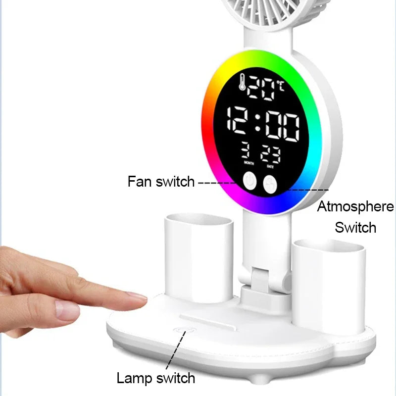 Rechargeable LED Table Lamp with Fan, Clock Display, and Adjustable Reading Light for Study and Night Use