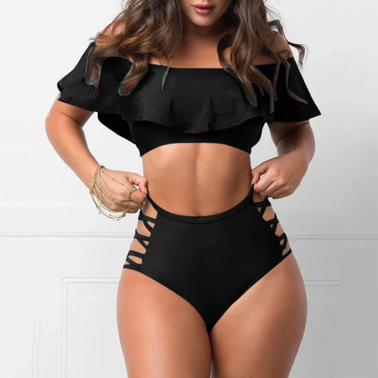 Sexy Off Shoulder Bikini Sets Ruffled Bandage Swimsuit Women High Waist Bandeau Push Up Swimwear Set Beach Mujer Biquini Suit