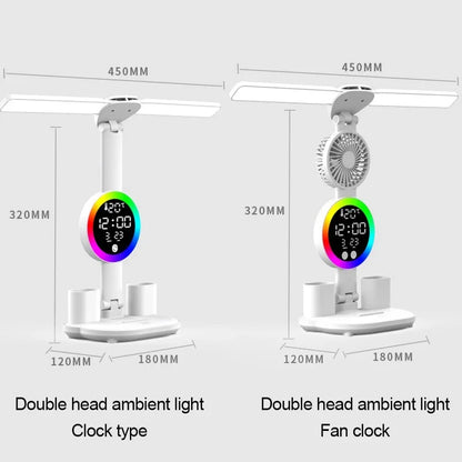 Rechargeable LED Table Lamp with Fan, Clock Display, and Adjustable Reading Light for Study and Night Use