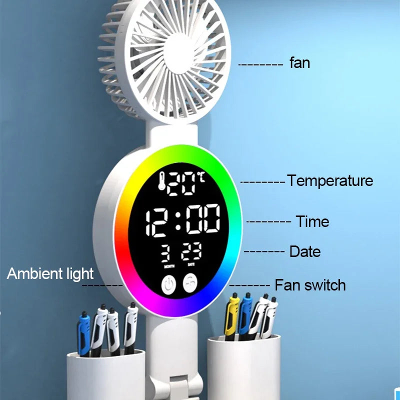 Rechargeable LED Table Lamp with Fan, Clock Display, and Adjustable Reading Light for Study and Night Use