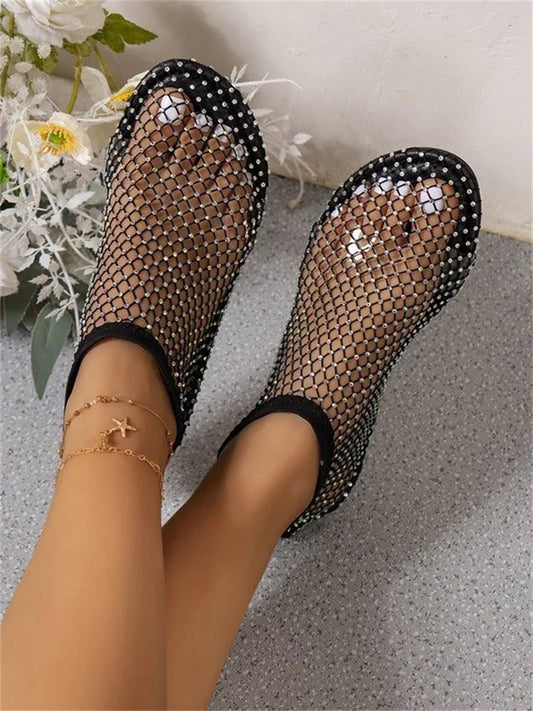 Stretchy Round Toe Sandals With Hollowed Out Internet Famous Diamond Studded Short Boots Summer Sexy Plus Size Flat Shoes