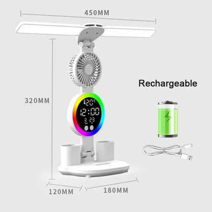Rechargeable LED Table Lamp with Fan, Clock Display, and Adjustable Reading Light for Study and Night Use