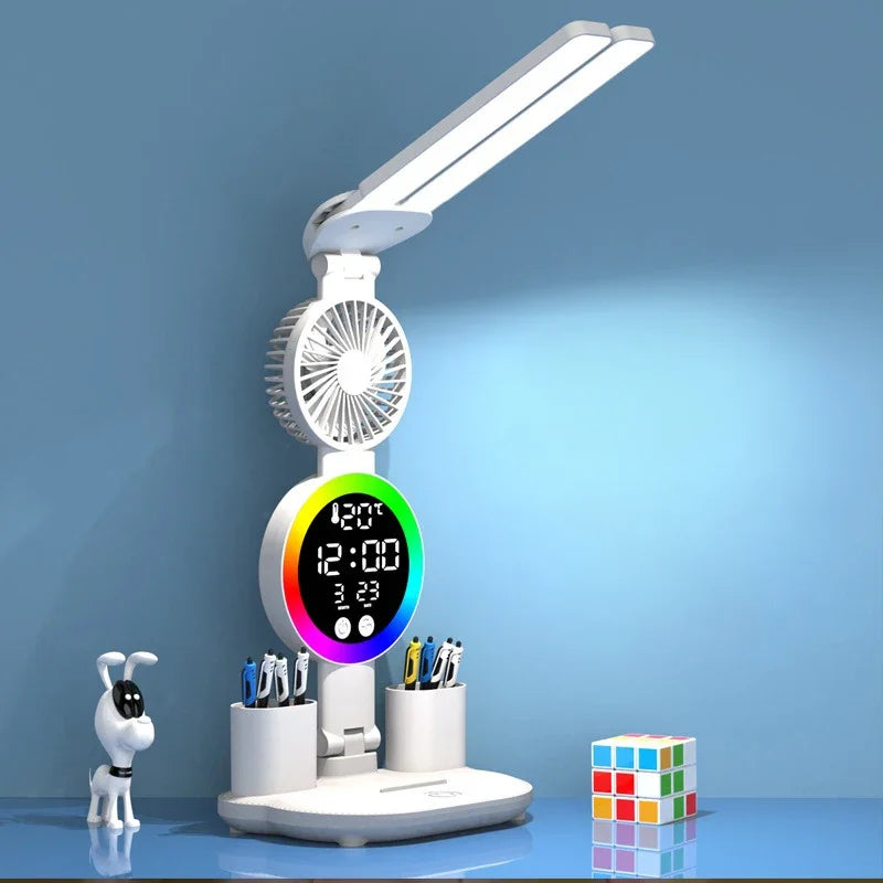 Rechargeable LED Table Lamp with Fan, Clock Display, and Adjustable Reading Light for Study and Night Use
