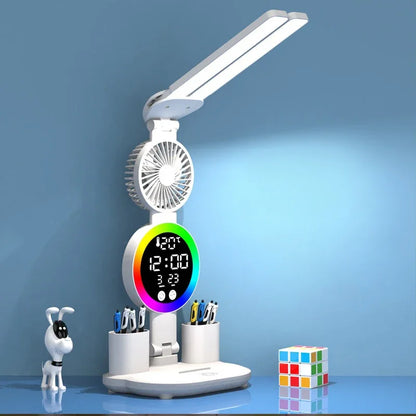 Rechargeable LED Table Lamp with Fan, Clock Display, and Adjustable Reading Light for Study and Night Use
