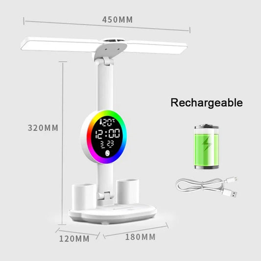 Rechargeable LED Table Lamp with Fan, Clock Display, and Adjustable Reading Light for Study and Night Use