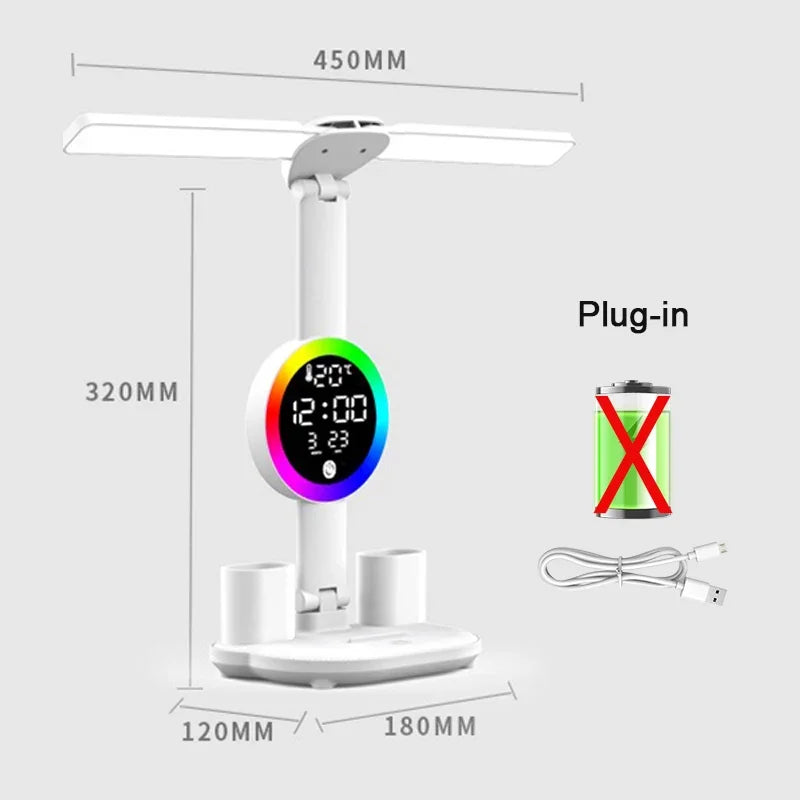 Rechargeable LED Table Lamp with Fan, Clock Display, and Adjustable Reading Light for Study and Night Use